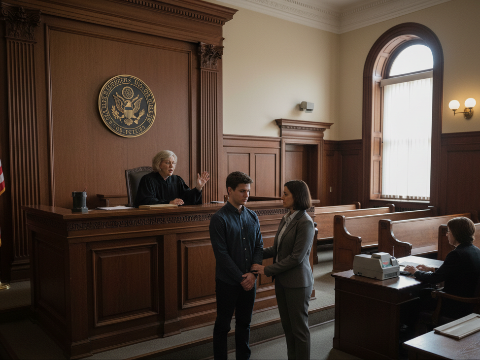 generate an image for a person standing in front of a judge and the judge ordering a court ordered drug testing probation