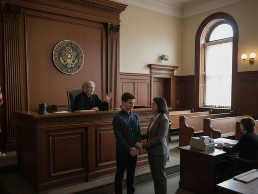 generate an image for a person standing in front of a judge and the judge ordering a court ordered drug testing probation