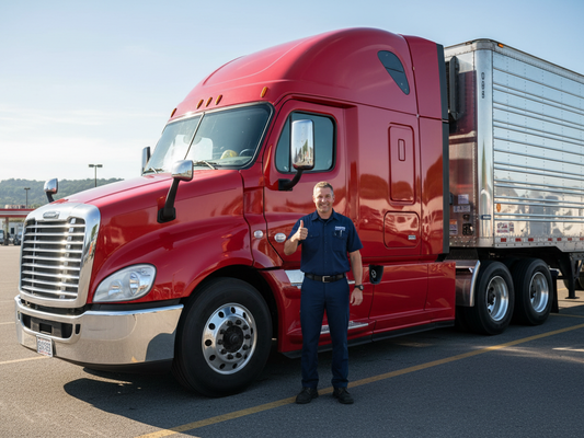 generate an image of a happy commercial truck driver standing by his truck doing a "thumbs up"