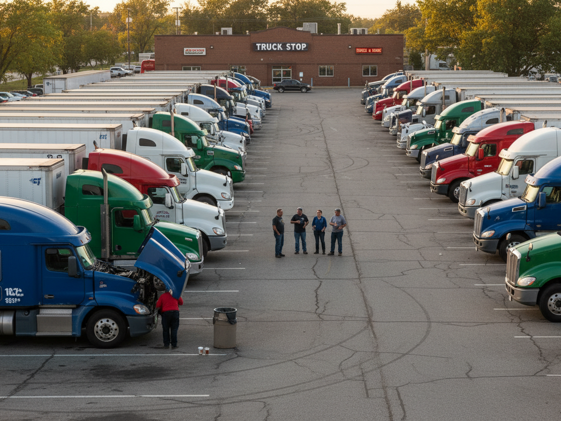 generate an image of truck drivers with their trucks at a rest stop