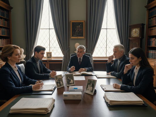 generate image for deceased individual dna testing ro postmortem genetic testing. Scene should look like children reading a will looking to see if they are a part of an inheritance of the deceased.