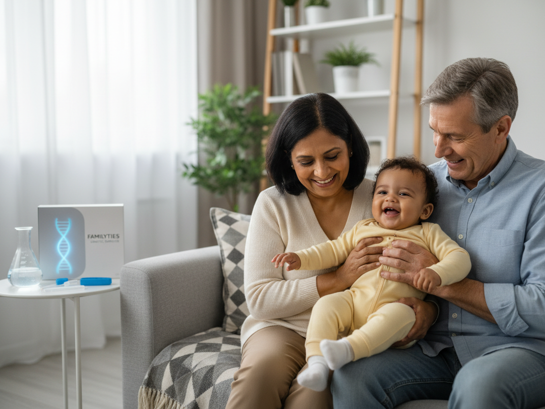 generate image for grandparent dna testing, include human images of grand parents