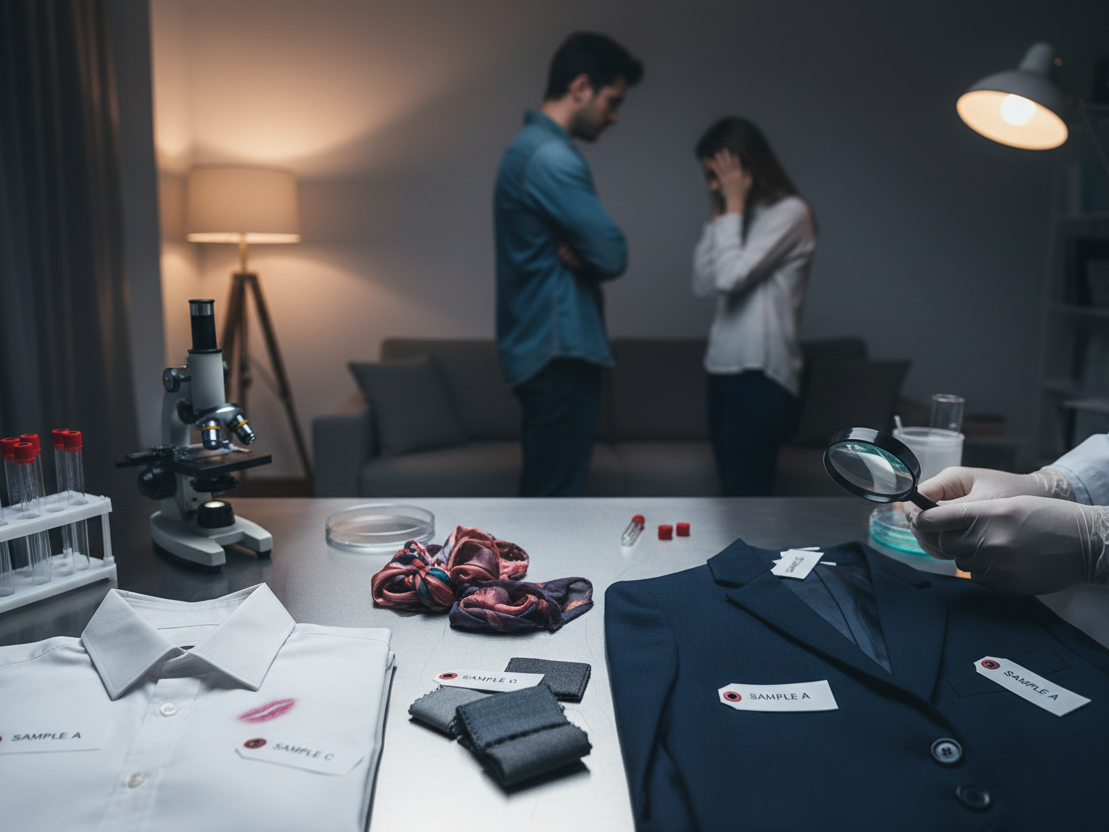 generate image for infidelity testing, show couples fighting and show pieces of clothing to be used as forensics or evidence 